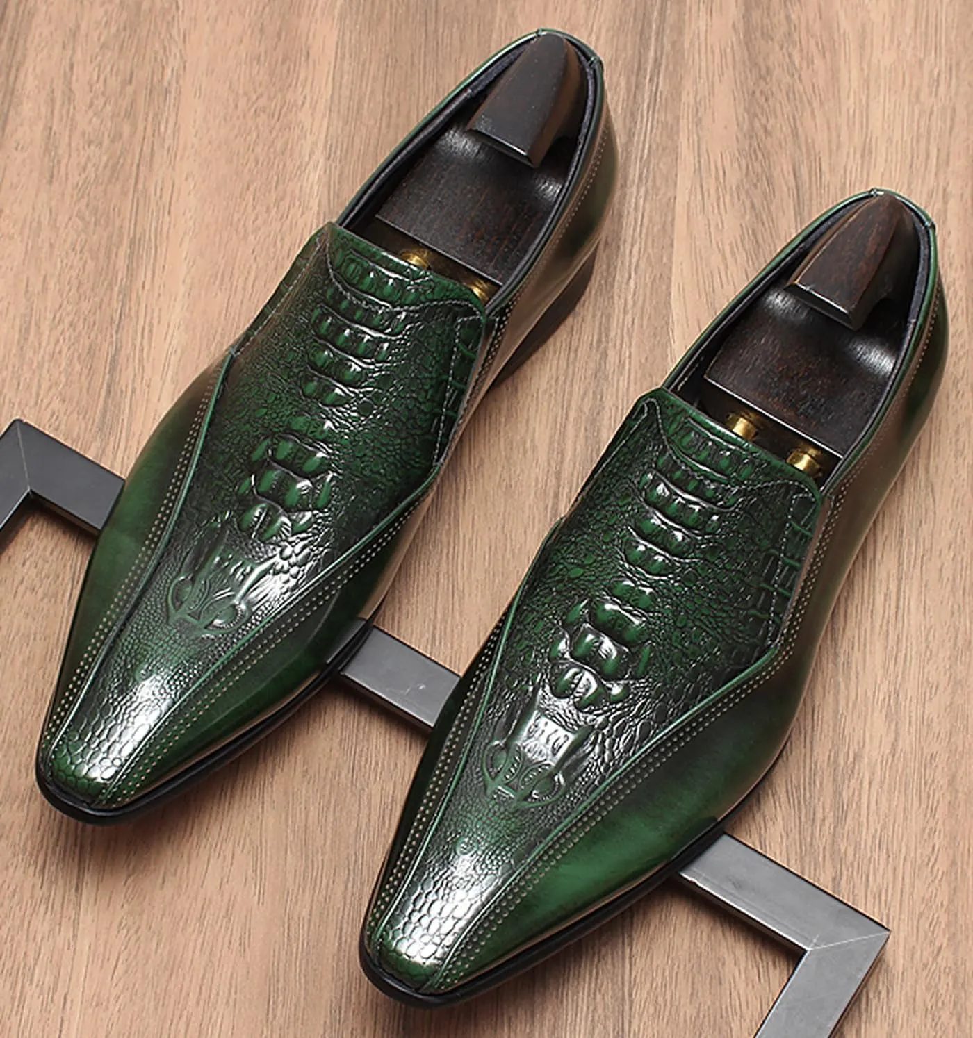 Santimon Mens Leather Slip-On Loafers | Pointed Toe Crocodile Texture Business Casual Dress Shoes| Breathable Comfort Office Penny Loafers