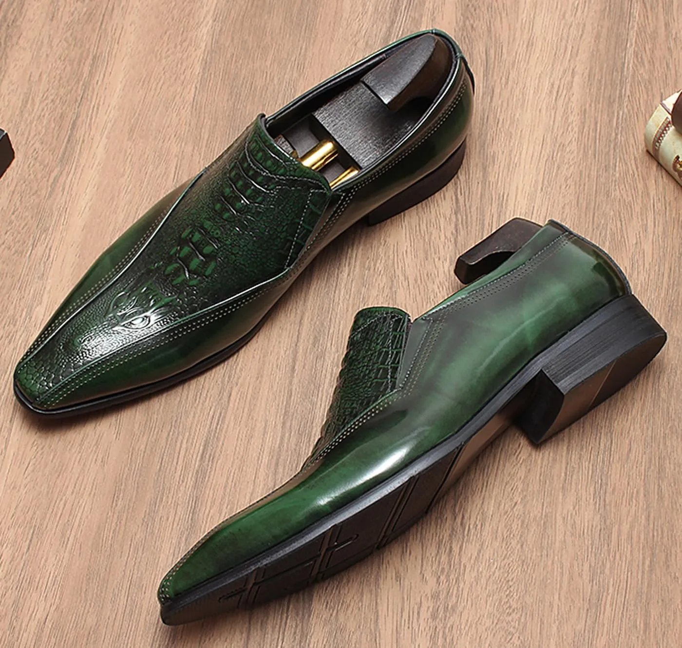 Santimon Mens Leather Slip-On Loafers | Pointed Toe Crocodile Texture Business Casual Dress Shoes| Breathable Comfort Office Penny Loafers