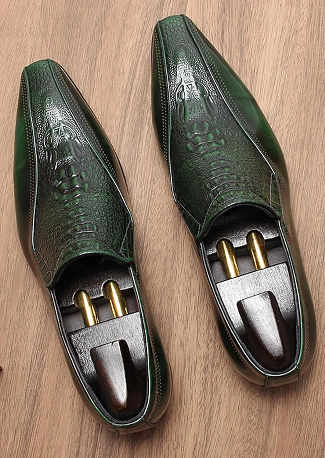 Santimon Mens Leather Slip-On Loafers | Pointed Toe Crocodile Texture Business Casual Dress Shoes| Breathable Comfort Office Penny Loafers