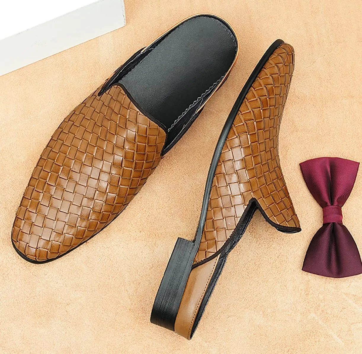 Santimon Mens Mules Sandals Formal Dress Loafers Leather Clogs Business Casual Woven Open Back Slippers Outside Slip On Shoes for Men