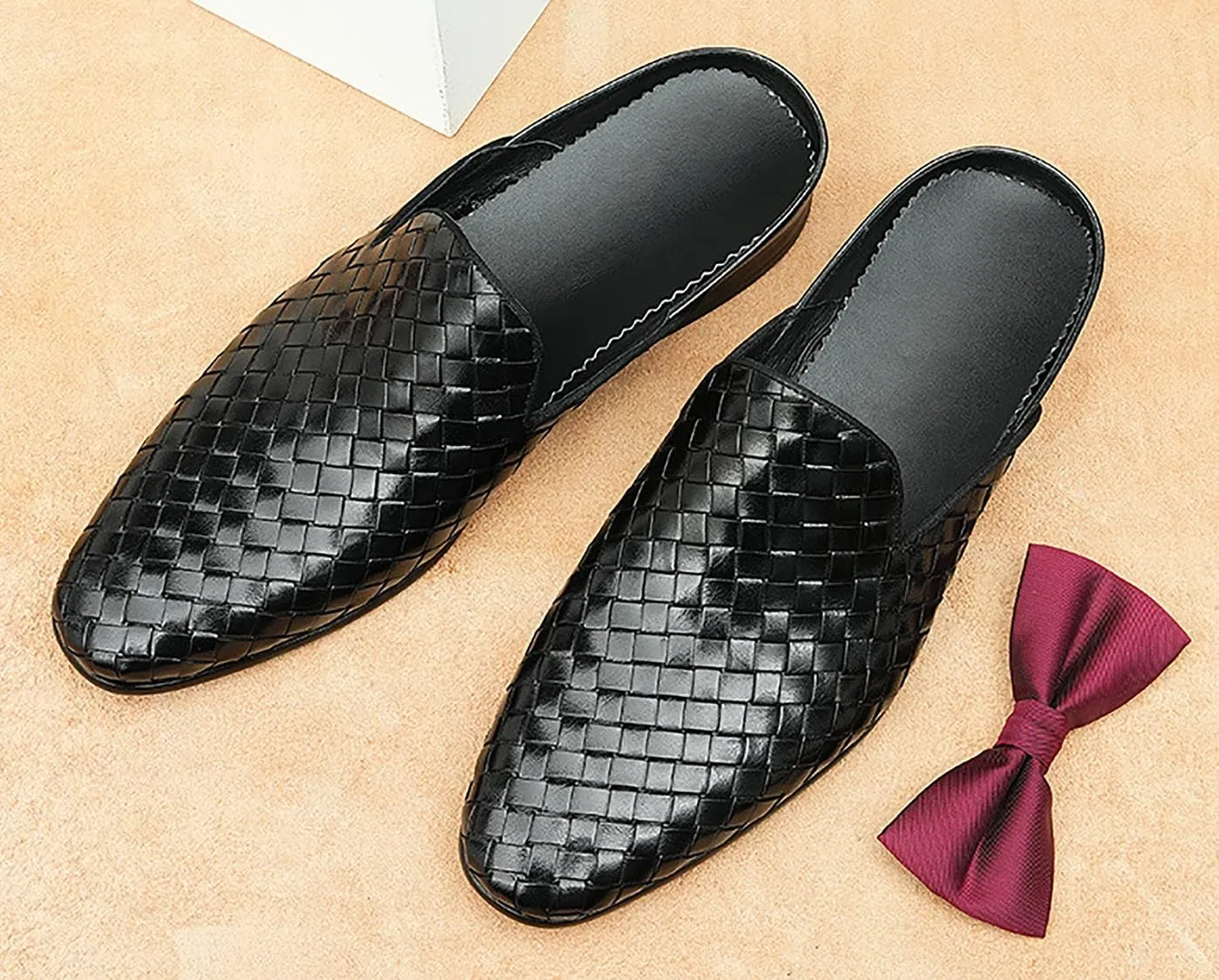 Santimon Mens Mules Sandals Formal Dress Loafers Leather Clogs Business Casual Woven Open Back Slippers Outside Slip On Shoes for Men