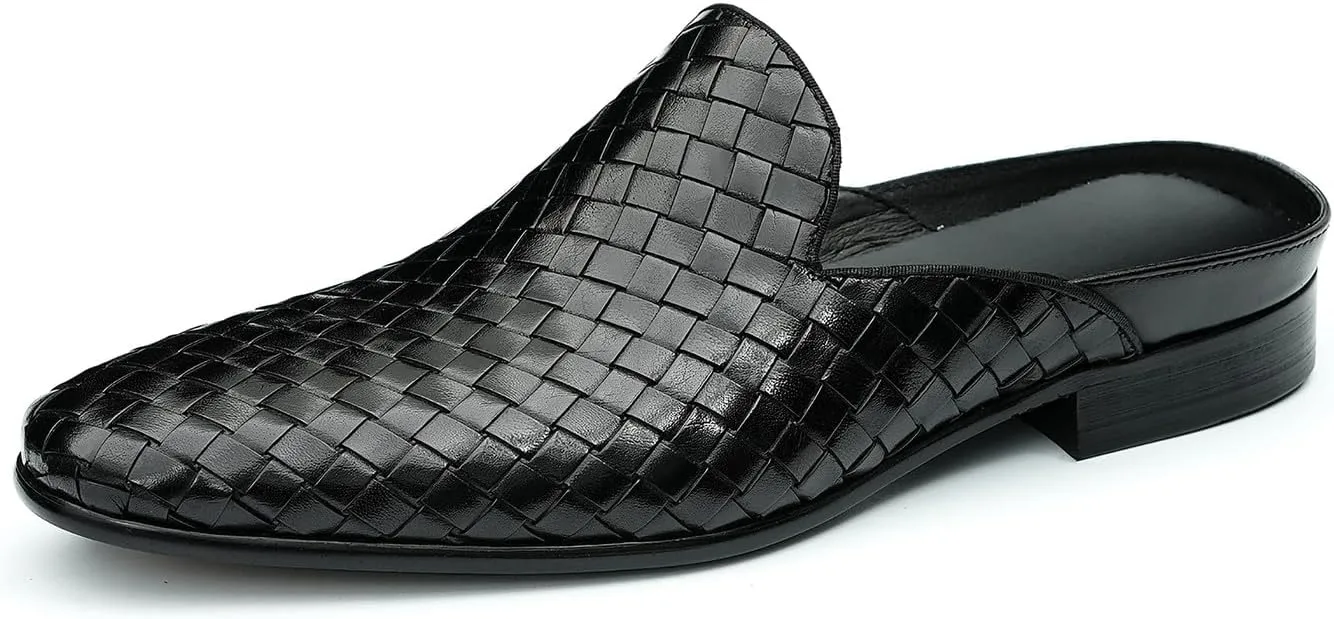 Santimon Mens Mules Sandals Formal Dress Loafers Leather Clogs Business Casual Woven Open Back Slippers Outside Slip On Shoes for Men