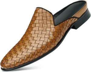 Santimon Mens Mules Sandals Formal Dress Loafers Leather Clogs Business Casual Woven Open Back Slippers Outside Slip On Shoes for Men