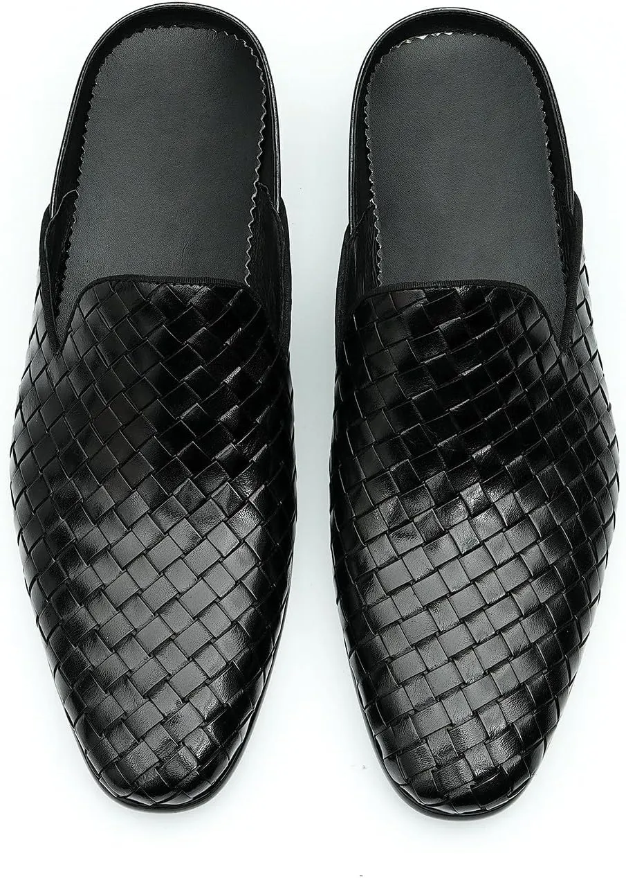 Santimon Mens Mules Sandals Formal Dress Loafers Leather Clogs Business Casual Woven Open Back Slippers Outside Slip On Shoes for Men