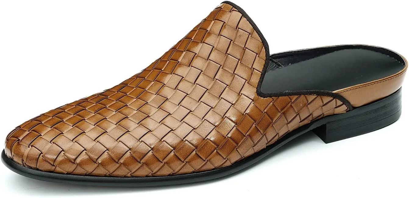 Santimon Mens Mules Sandals Formal Dress Loafers Leather Clogs Business Casual Woven Open Back Slippers Outside Slip On Shoes for Men