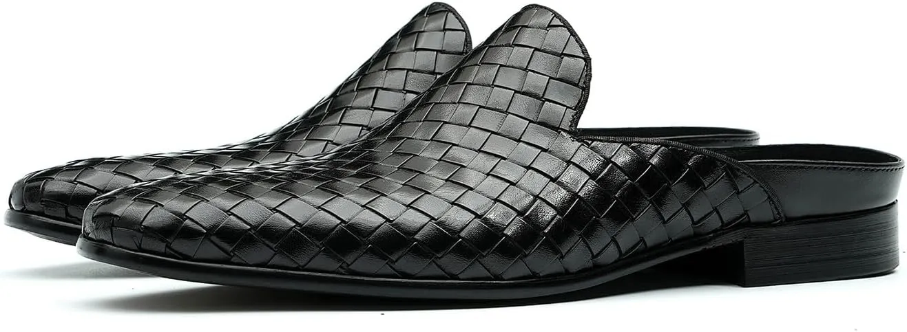 Santimon Mens Mules Sandals Formal Dress Loafers Leather Clogs Business Casual Woven Open Back Slippers Outside Slip On Shoes for Men