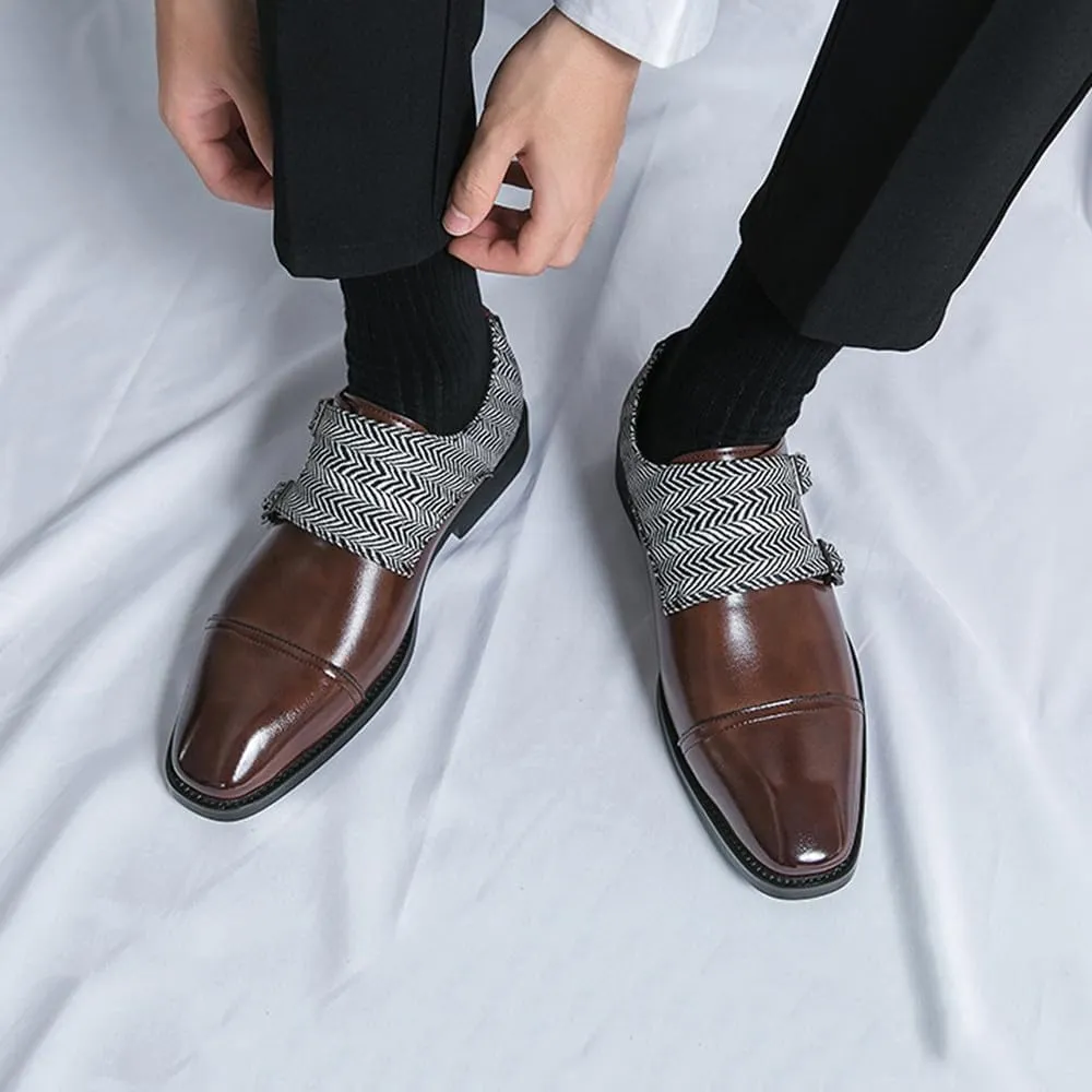 Santimon Men's Retro Leather Dress Shoes with Herringbone Strap Slip-On Cap Toe Loafers for Weddings, Parties & Business