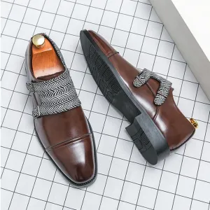 Santimon Men's Retro Leather Dress Shoes with Herringbone Strap Slip-On Cap Toe Loafers for Weddings, Parties & Business