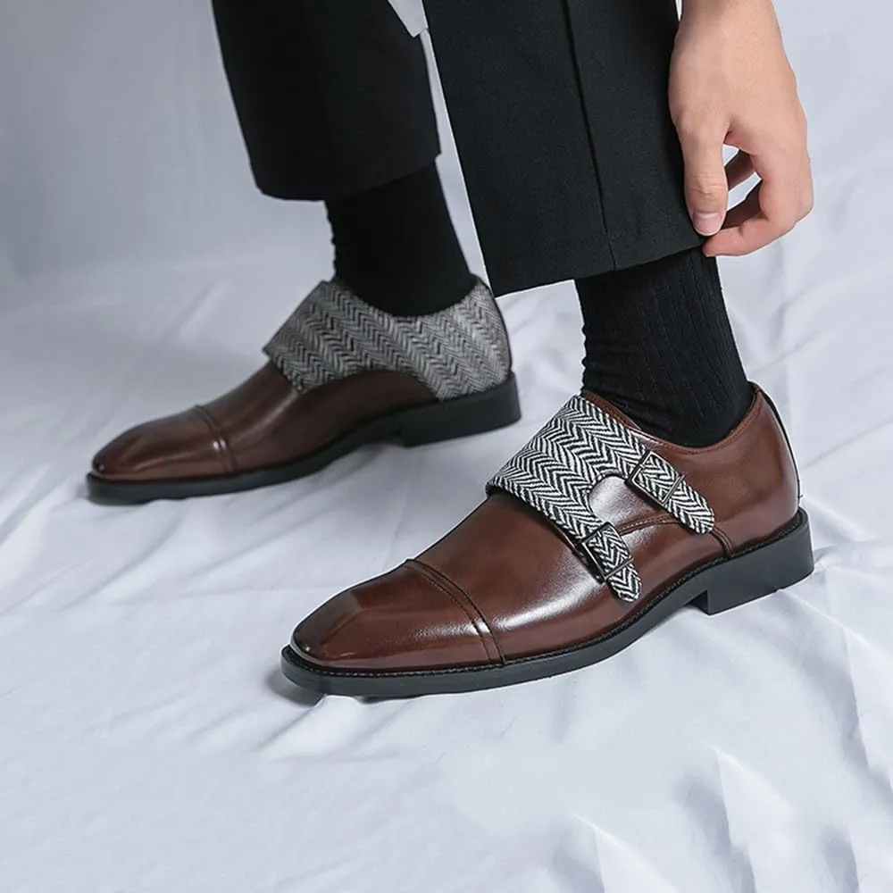 Santimon Men's Retro Leather Dress Shoes with Herringbone Strap Slip-On Cap Toe Loafers for Weddings, Parties & Business