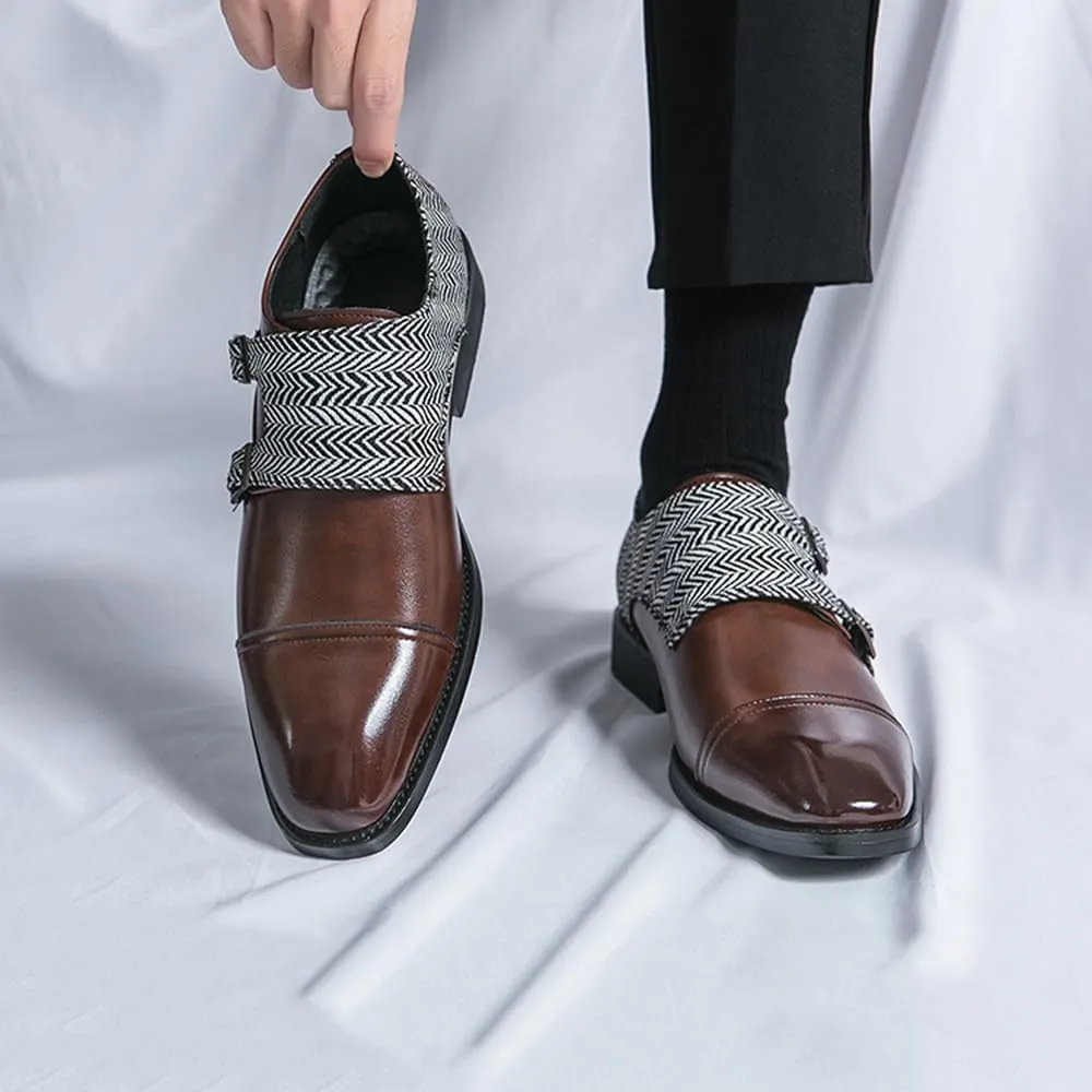 Santimon Men's Retro Leather Dress Shoes with Herringbone Strap Slip-On Cap Toe Loafers for Weddings, Parties & Business