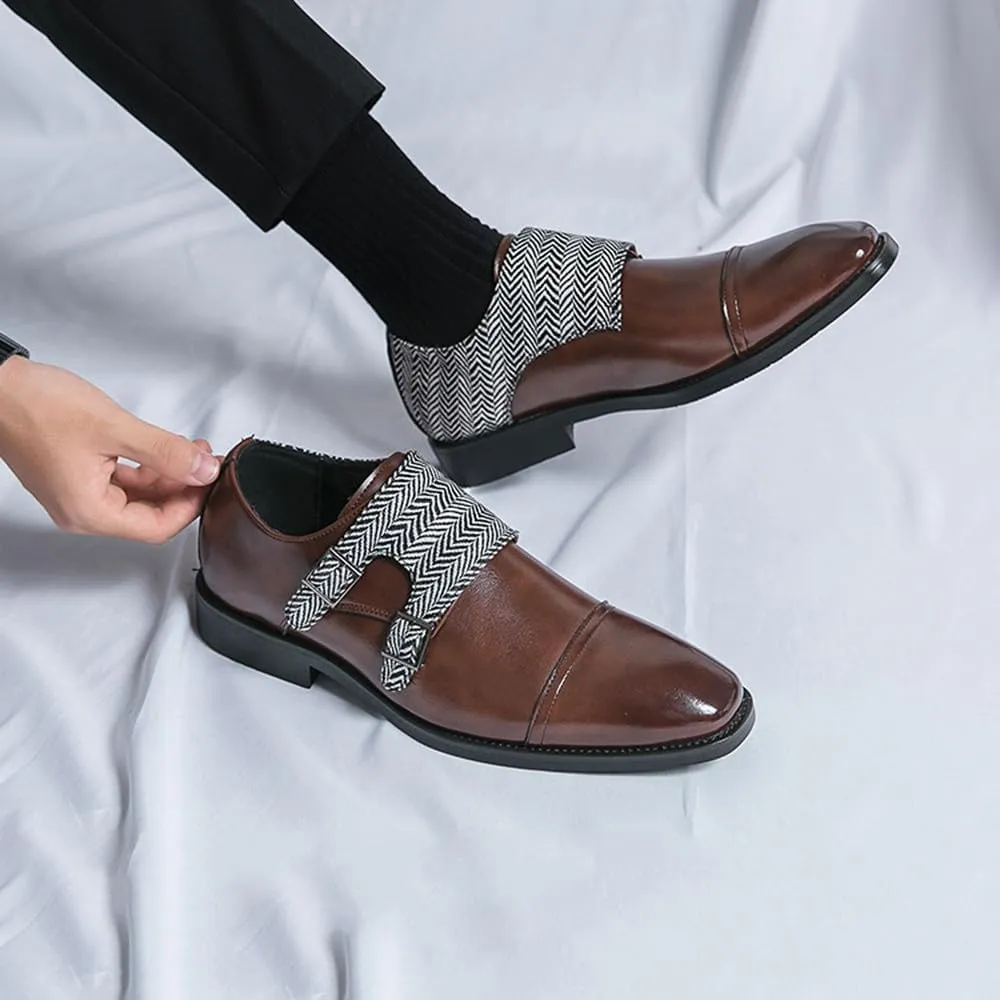 Santimon Men's Retro Leather Dress Shoes with Herringbone Strap Slip-On Cap Toe Loafers for Weddings, Parties & Business