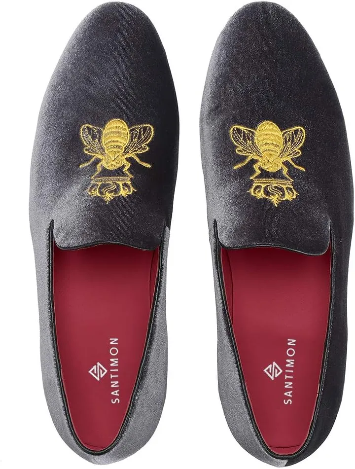 Santimon Men's Velvet Loafers Casual Slip on Dress Shoes with Gold Embroidery Smoking Slippers Flats
