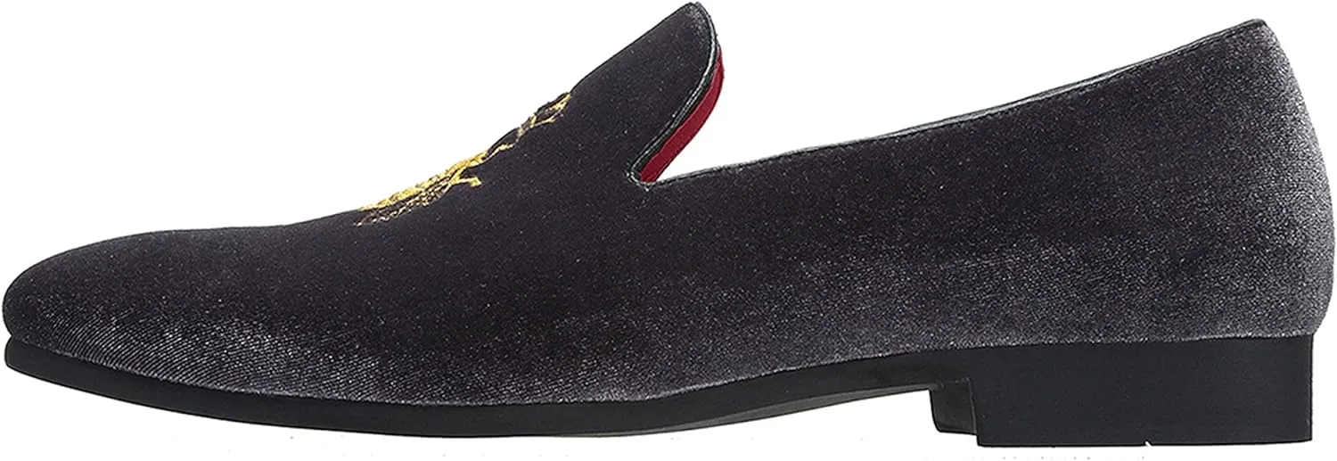 Santimon Men's Velvet Loafers Casual Slip on Dress Shoes with Gold Embroidery Smoking Slippers Flats