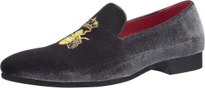 Santimon Men's Velvet Loafers Casual Slip on Dress Shoes with Gold Embroidery Smoking Slippers Flats