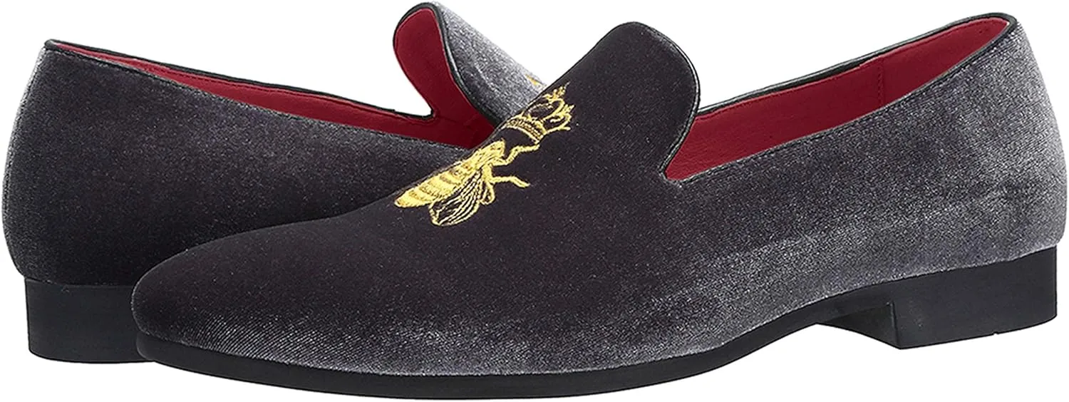 Santimon Men's Velvet Loafers Casual Slip on Dress Shoes with Gold Embroidery Smoking Slippers Flats