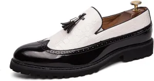 Santimon Men's Wingtip Brogue Crocodile Printed Faux Leather Loafers with Tassels, Two-Toned, Low Heel Slip On Shoes