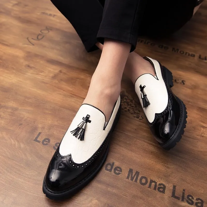 Santimon Men's Wingtip Brogue Crocodile Printed Faux Leather Loafers with Tassels, Two-Toned, Low Heel Slip On Shoes