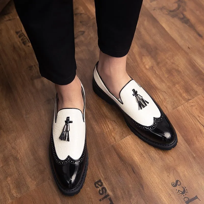 Santimon Men's Wingtip Brogue Crocodile Printed Faux Leather Loafers with Tassels, Two-Toned, Low Heel Slip On Shoes
