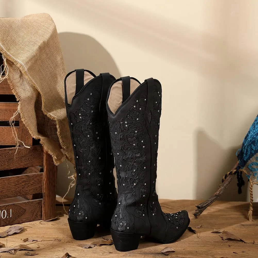 SaraIris Black Cowgirl Boots for Women Cowboy Boots Western Boots Chunky Heel Pointed Toe Pull On Rhinestones Knee High Boots