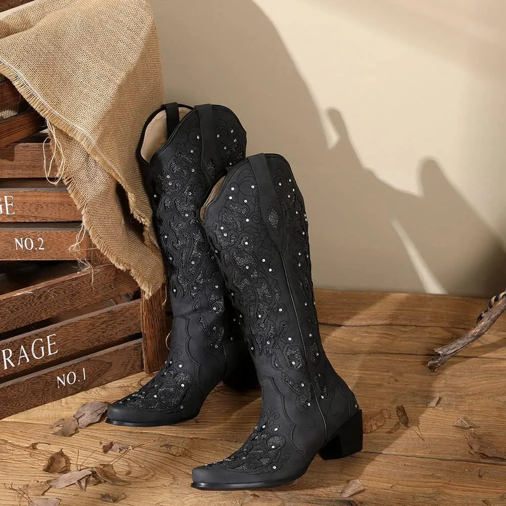 SaraIris Black Cowgirl Boots for Women Cowboy Boots Western Boots Chunky Heel Pointed Toe Pull On Rhinestones Knee High Boots