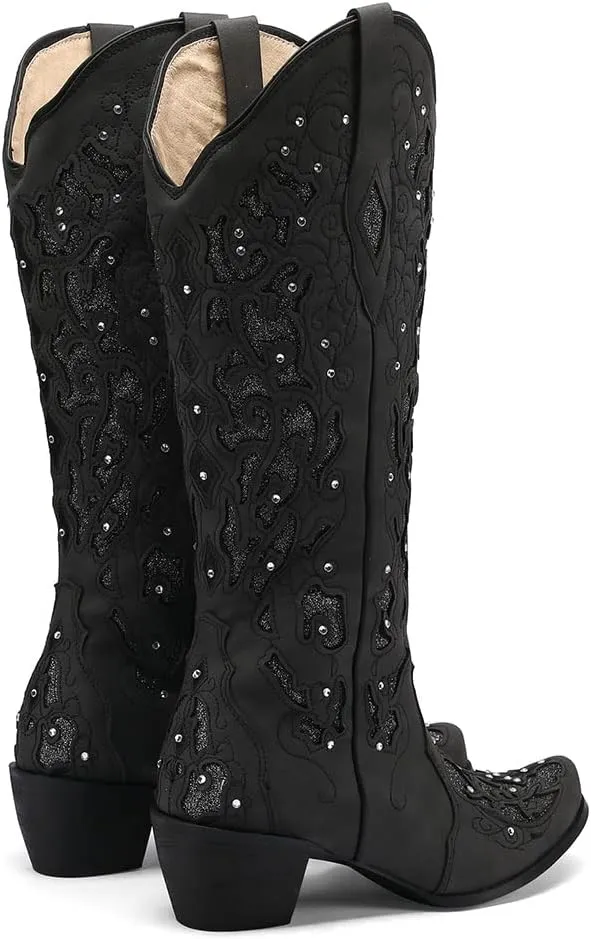SaraIris Black Cowgirl Boots for Women Cowboy Boots Western Boots Chunky Heel Pointed Toe Pull On Rhinestones Knee High Boots