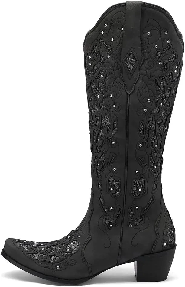 SaraIris Black Cowgirl Boots for Women Cowboy Boots Western Boots Chunky Heel Pointed Toe Pull On Rhinestones Knee High Boots
