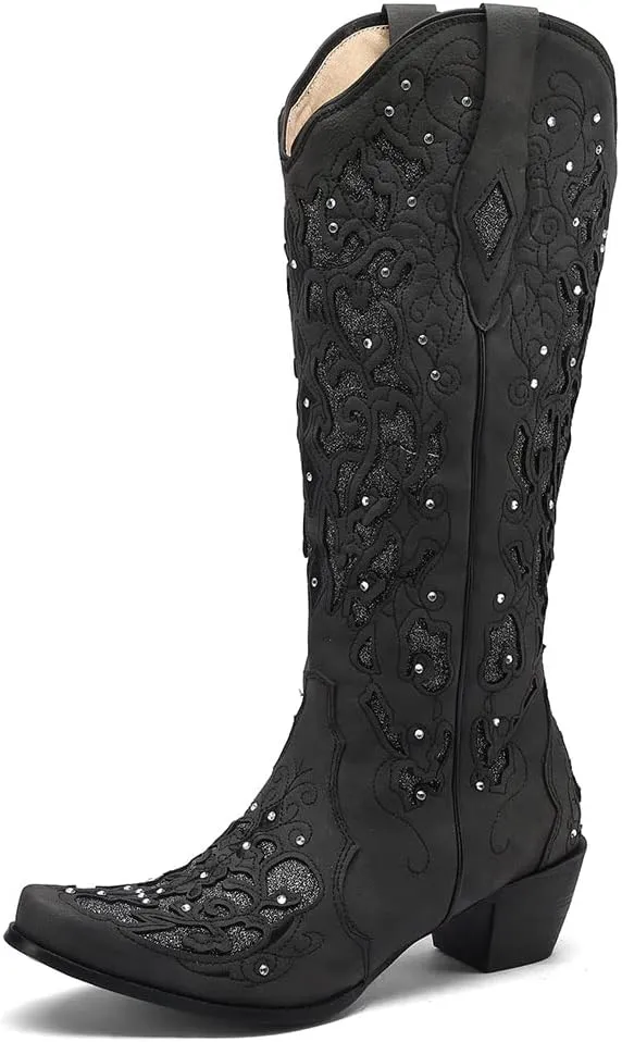 SaraIris Black Cowgirl Boots for Women Cowboy Boots Western Boots Chunky Heel Pointed Toe Pull On Rhinestones Knee High Boots