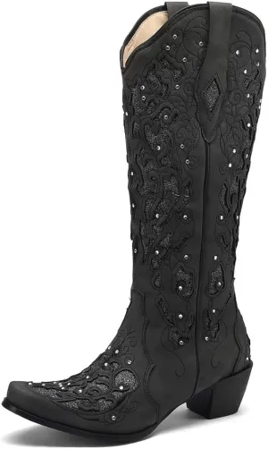 SaraIris Black Cowgirl Boots for Women Cowboy Boots Western Boots Chunky Heel Pointed Toe Pull On Rhinestones Knee High Boots