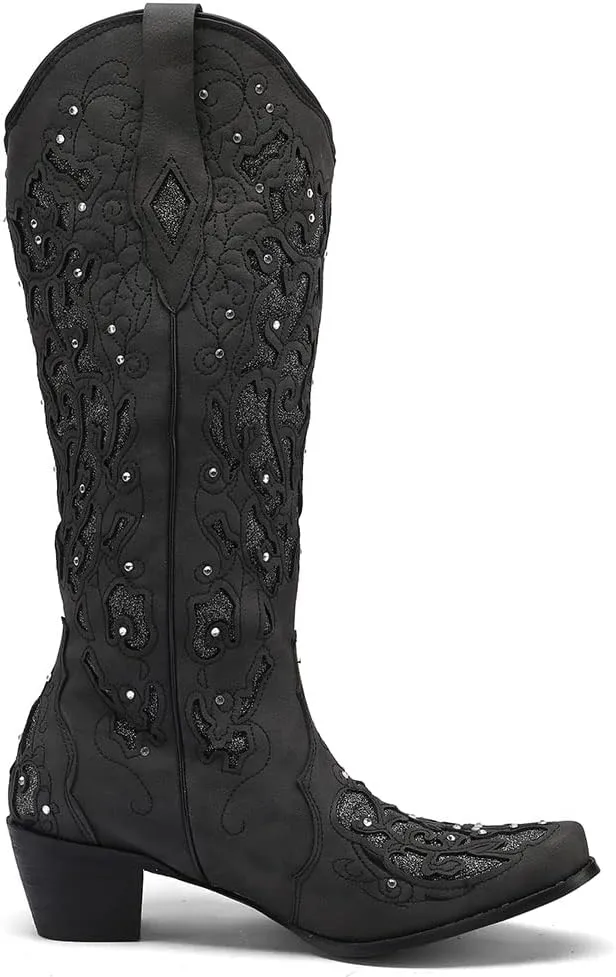 SaraIris Black Cowgirl Boots for Women Cowboy Boots Western Boots Chunky Heel Pointed Toe Pull On Rhinestones Knee High Boots