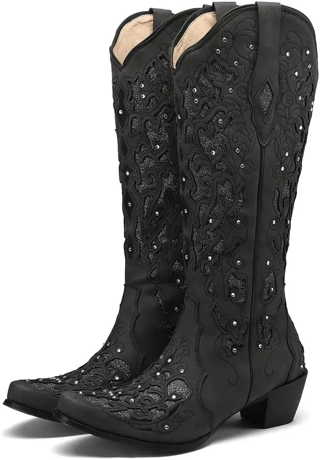 SaraIris Black Cowgirl Boots for Women Cowboy Boots Western Boots Chunky Heel Pointed Toe Pull On Rhinestones Knee High Boots