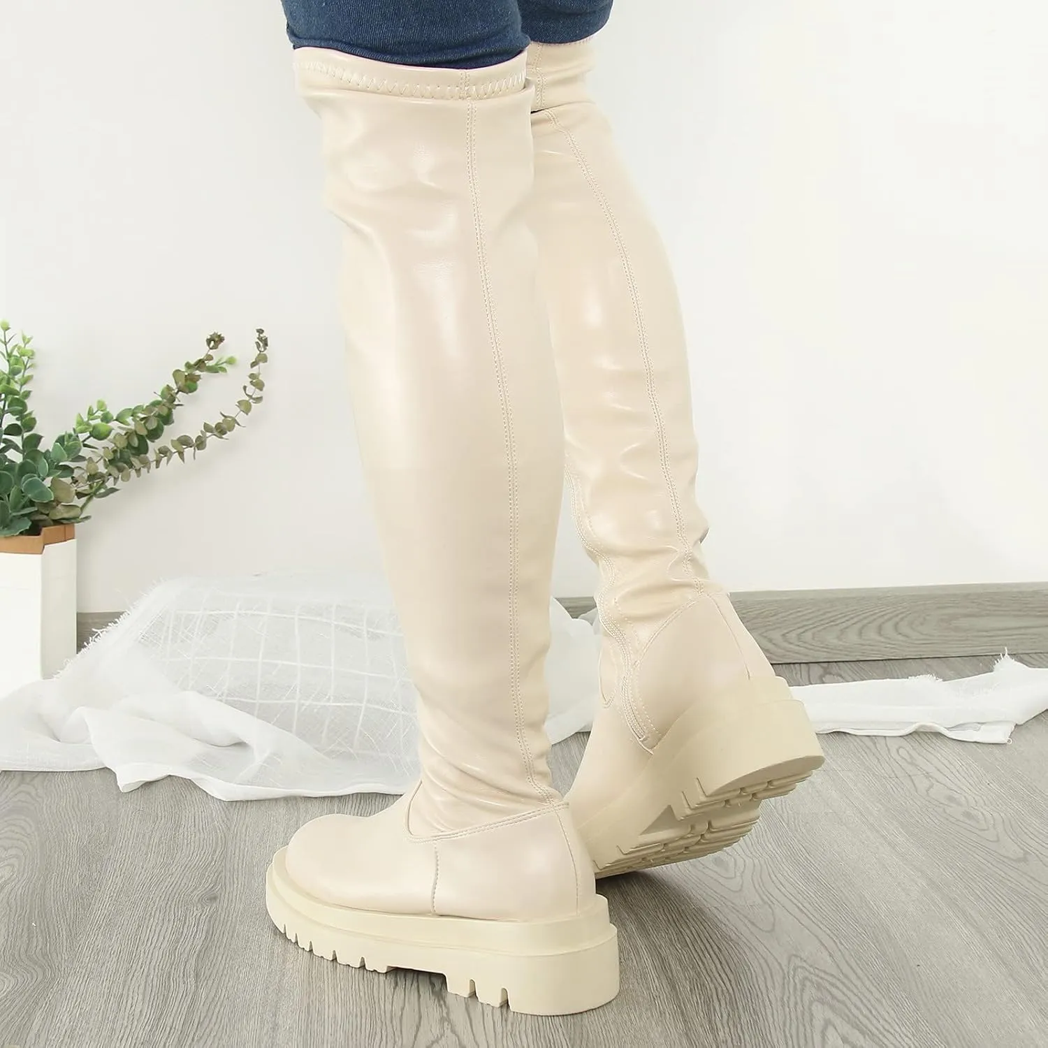 SBGMoSJ Boots for Women Over the Knee Thigh High Boots Pointed Toe Knitting Block Heel Stretchy Long Winter Fall Boots Cowgirl Boots Wide Calf Winter Fashion Booties Solid Color Long Boots
