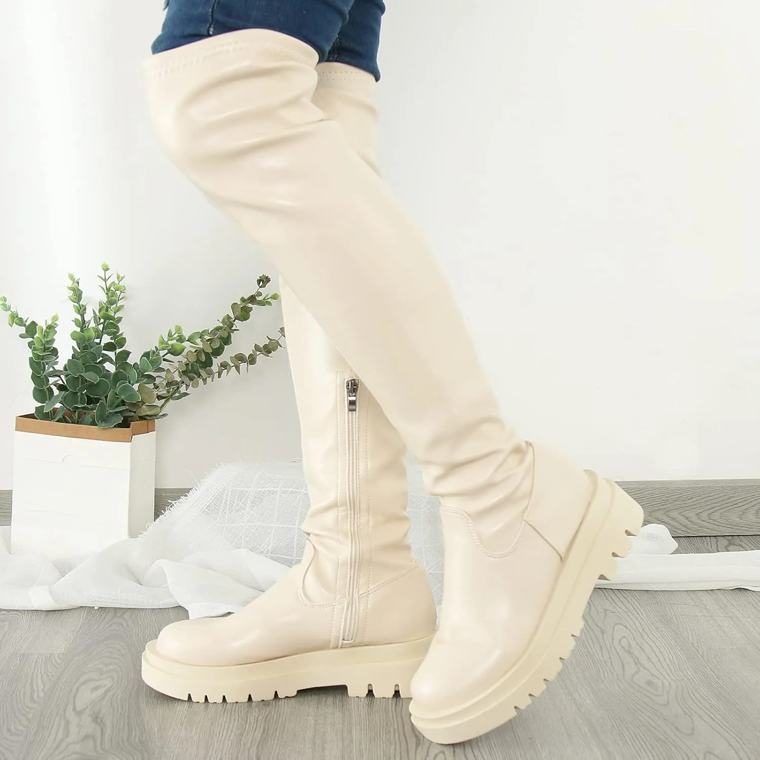 SBGMoSJ Boots for Women Over the Knee Thigh High Boots Pointed Toe Knitting Block Heel Stretchy Long Winter Fall Boots Cowgirl Boots Wide Calf Winter Fashion Booties Solid Color Long Boots