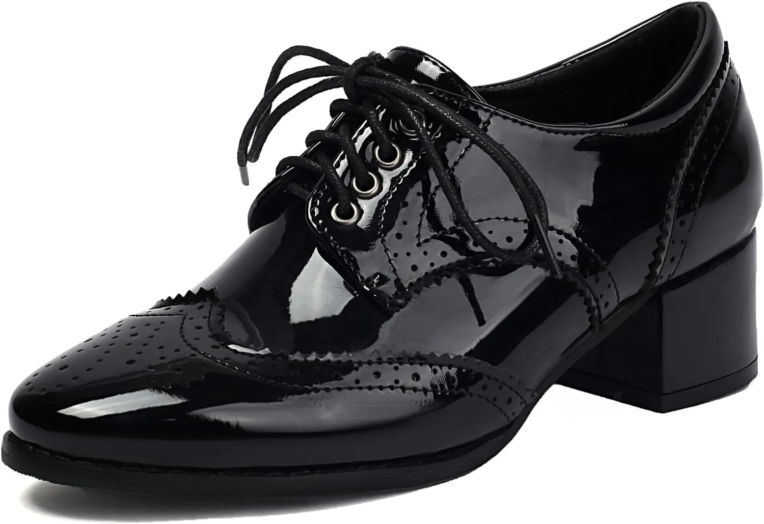 SHEMEE Women's British Oxford Brogues Chunky Low Heels Saddle Shoes Vintage Wingtip Perforated Derby Shoes Lace Up Dress Pumps