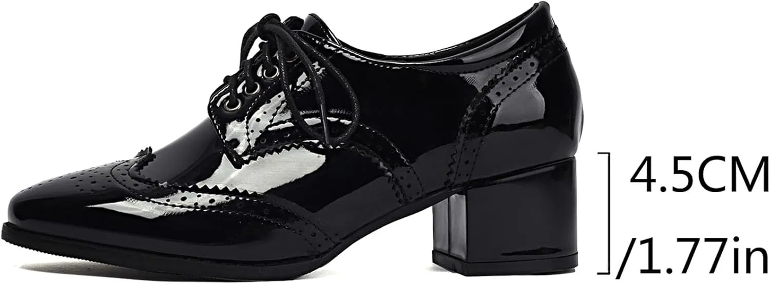 SHEMEE Women's British Oxford Brogues Chunky Low Heels Saddle Shoes Vintage Wingtip Perforated Derby Shoes Lace Up Dress Pumps