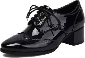 SHEMEE Women's British Oxford Brogues Chunky Low Heels Saddle Shoes Vintage Wingtip Perforated Derby Shoes Lace Up Dress Pumps