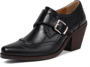 SHEMEE Women's Monk Strap Oxfords Loafers Shoes Chunky Heels Almond Square Toe Vintage Wingtip Brogues British Buckled Business Dress Pumps