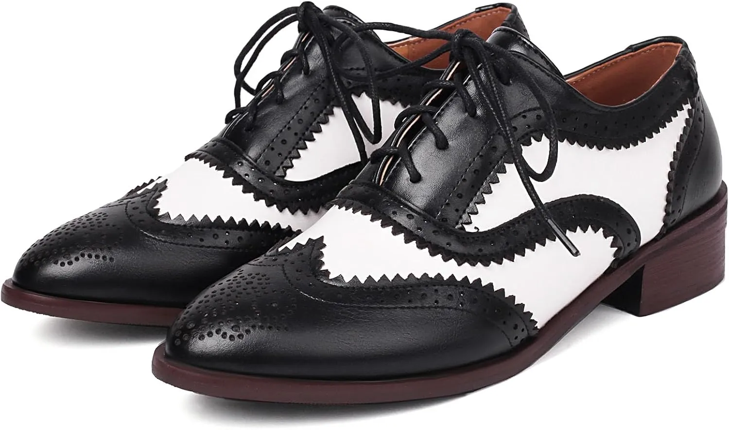 SHEMEE Women's Two Tone Oxfords Saddle Shoes Vintage Perforated Wingtip Brogues Laced Chunky Low Heels Pumps