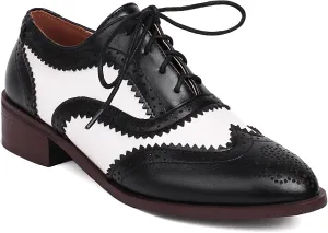 SHEMEE Women's Two Tone Oxfords Saddle Shoes Vintage Perforated Wingtip Brogues Laced Chunky Low Heels Pumps