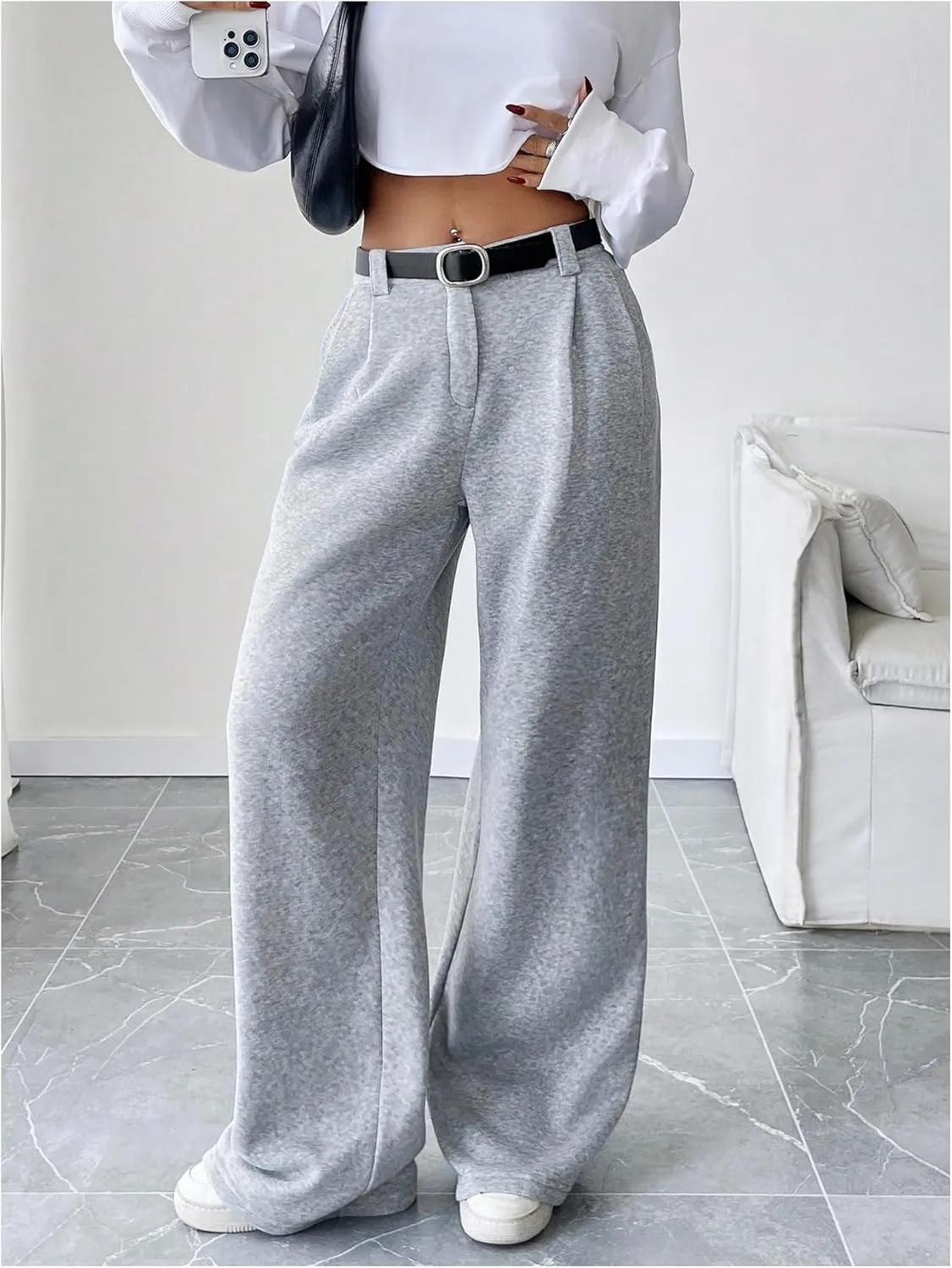 SHENHE Women's Fleece Lined Sweatpants Wide Leg Pleated High Waisted Work Office Baggy Pants