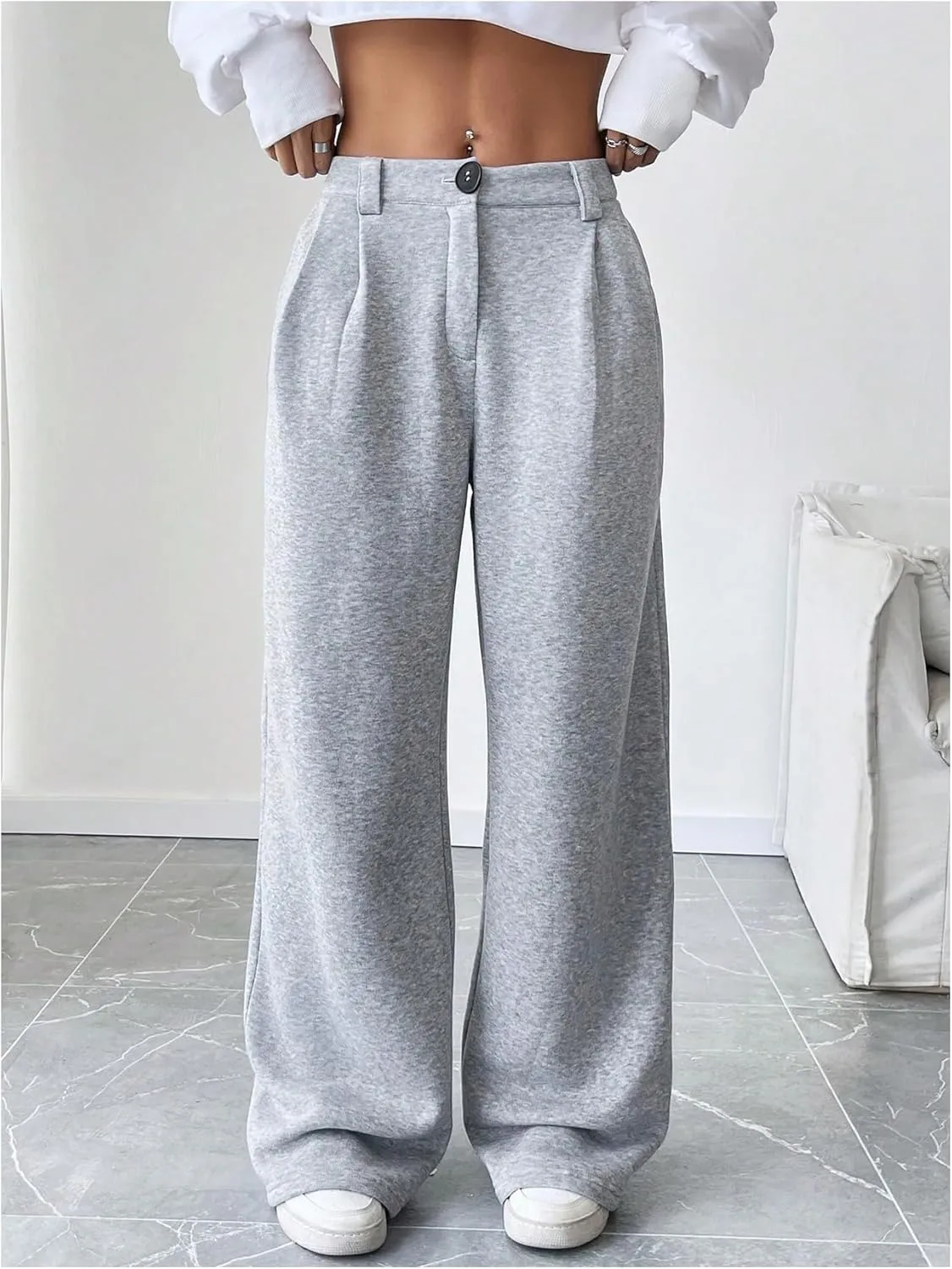 SHENHE Women's Fleece Lined Sweatpants Wide Leg Pleated High Waisted Work Office Baggy Pants