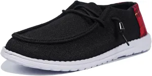 Shesnugin|Women's Black Fabric Slip On Casual Loafers Comfortable Lightweight Breathable Canvas Lace-Up Walking Flat Boat Shoes Ultralight Sole Wide Deck Shoes for Work and Traveling