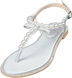 SheSole Women's Pearl T-Strap Bridal White Flat Sandals Beach Wedding Shoes