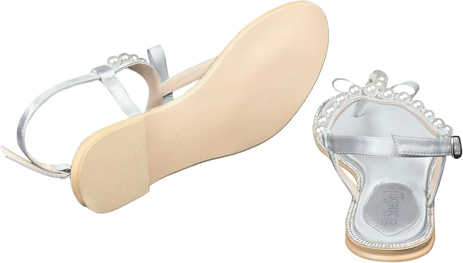 SheSole Women's Pearl T-Strap Bridal White Flat Sandals Beach Wedding Shoes