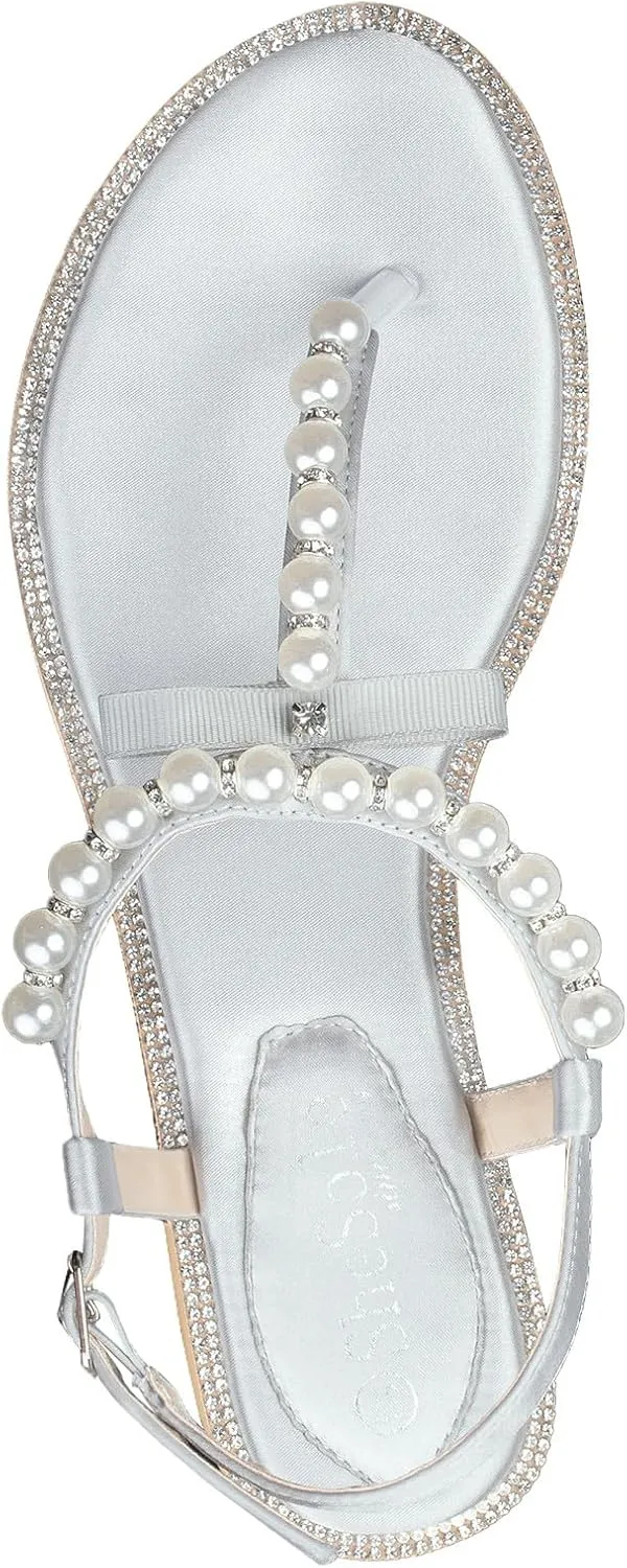 SheSole Women's Pearl T-Strap Bridal White Flat Sandals Beach Wedding Shoes