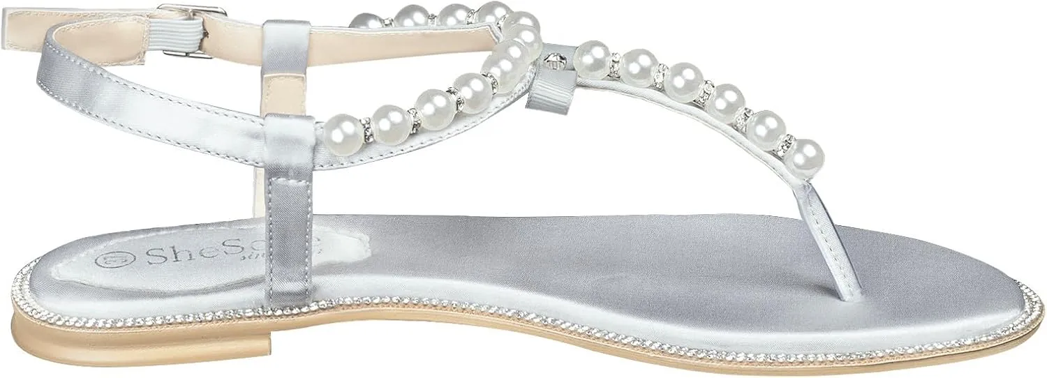 SheSole Women's Pearl T-Strap Bridal White Flat Sandals Beach Wedding Shoes