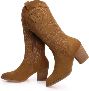 SHIBEVER Cowboy Cowgirl Boots for Women: Wide Calf Western Pointed Toe Chunky Heel Suede Embroidered Mid Calf Boot