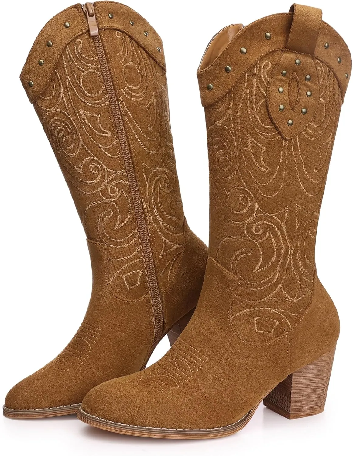 SHIBEVER Cowboy Cowgirl Boots for Women: Wide Calf Western Pointed Toe Chunky Heel Suede Embroidered Mid Calf Boot