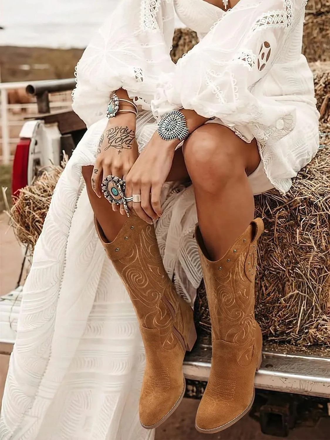 SHIBEVER Cowboy Cowgirl Boots for Women: Wide Calf Western Pointed Toe Chunky Heel Suede Embroidered Mid Calf Boot