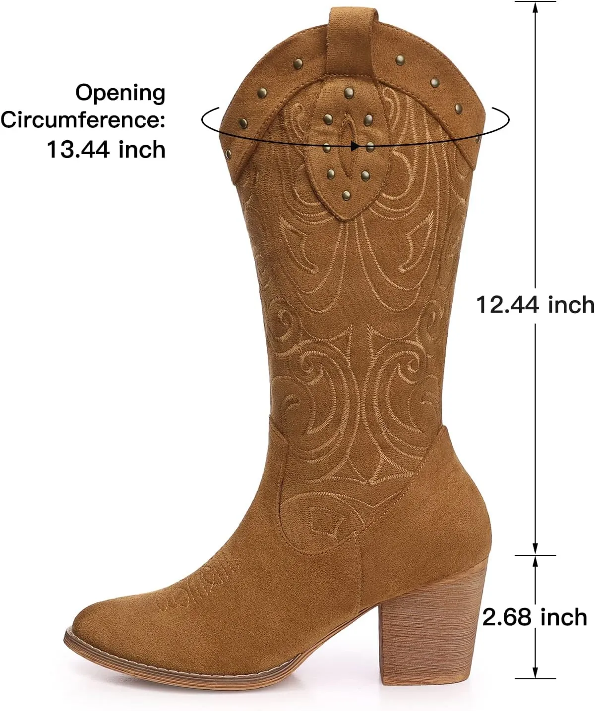SHIBEVER Cowboy Cowgirl Boots for Women: Wide Calf Western Pointed Toe Chunky Heel Suede Embroidered Mid Calf Boot