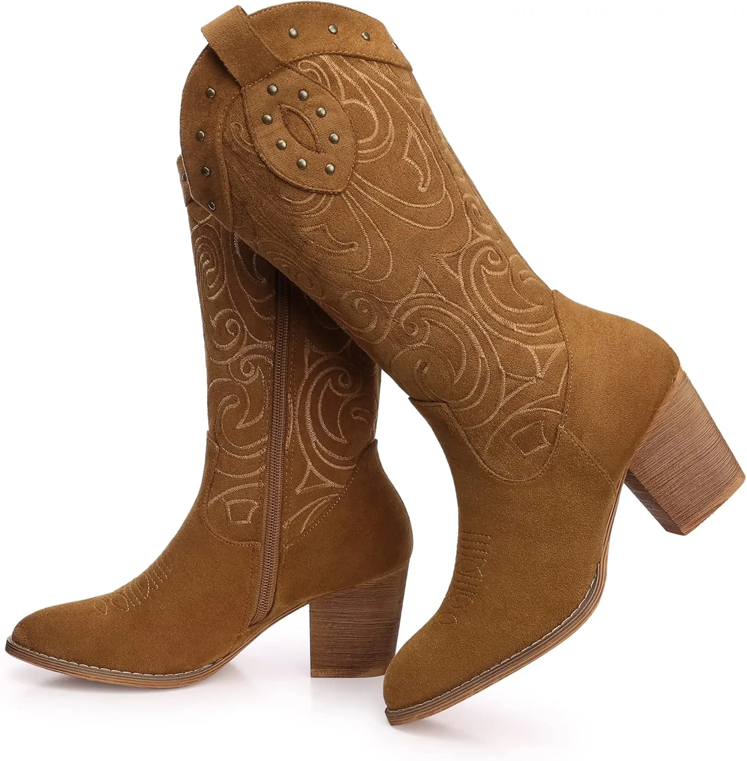 SHIBEVER Cowboy Cowgirl Boots for Women: Wide Calf Western Pointed Toe Chunky Heel Suede Embroidered Mid Calf Boot